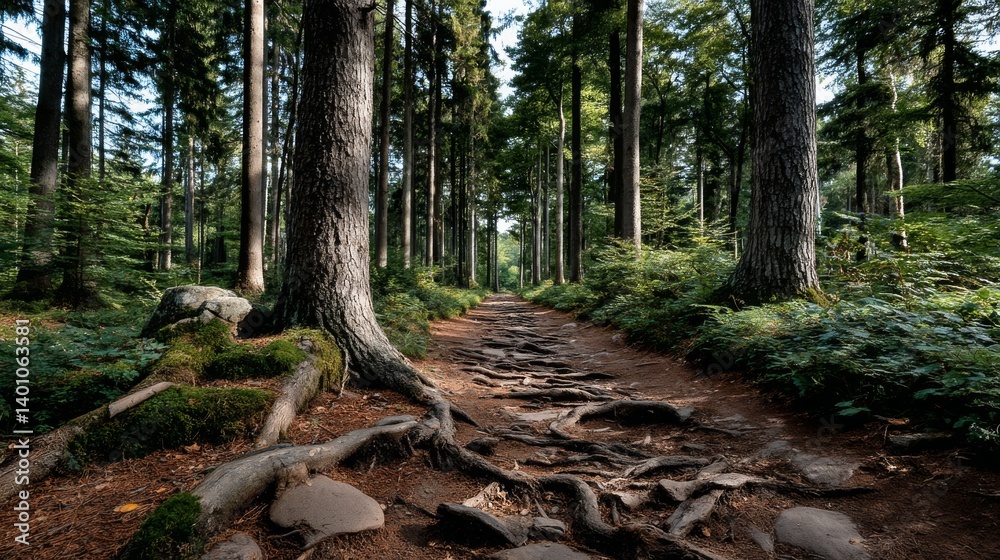 Exploring a Picturesque Forest Trail with Exposed Roots Nature Landscape Serene Environment Scenic Viewpoint Adventure Concept Exploring a Picturesque Forest Trail with Exposed Roots Nature Landscape Serene Environment Scenic Viewpoint Adventure Concept