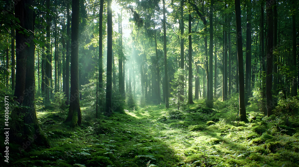 Fototapeta premium Sunlight Filtering Through Lush Forest