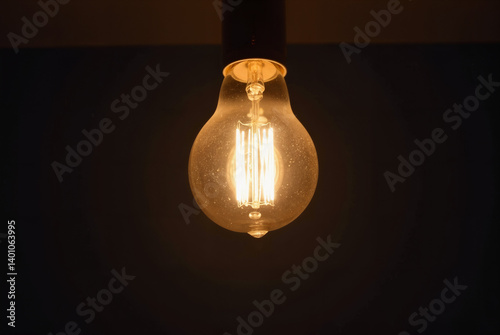 An incandescent lightbulb flickering faintly in a dark room.