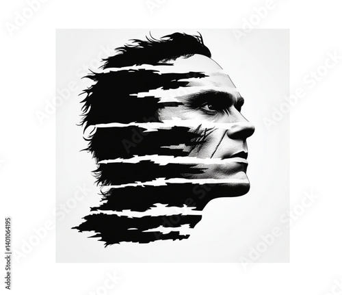 Fragmented monochrome male portrait, abstract, side view, on a white expanse
