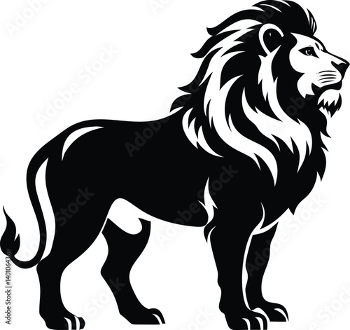 Majestic Lion Profile, Elegant Mane, Powerful Stance, Black Silhouette, Isolated