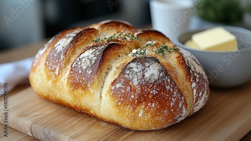 Artisan sourdough bread, a culinary delight, resting on wooden board with herbs
