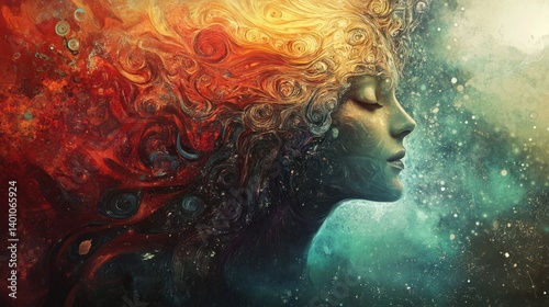 Woman with flowing hair depicted in colorful and artistic illustration