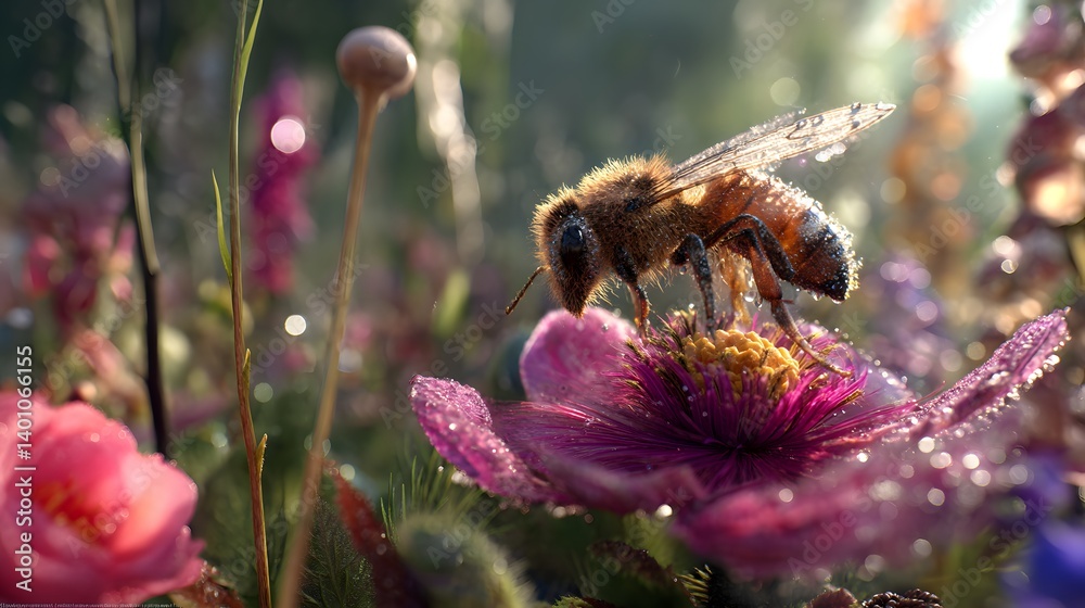3D Bee on a Giant Flower in Hyperrealistic Nature Scene
