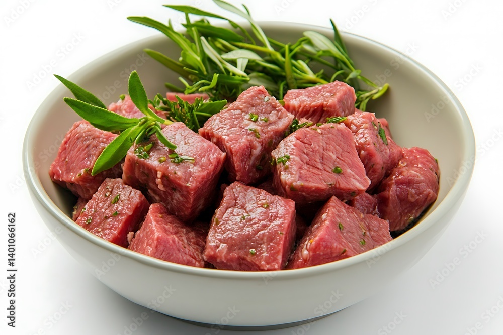 Savory Cubed Beef with Vegetables and Herbs in Bowl on White Background – Hearty & Flavorful Dish Close-Up Savory Cubed Beef with Vegetables and Herbs in Bowl on White Background – Hearty & Flavorful Dish Close-Up