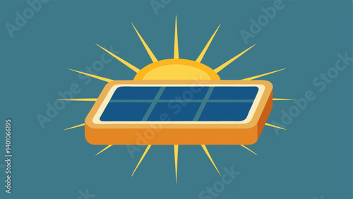 Solar Charger with Sun Icon A sleek portable solar charger with a bright sun symbol above it representing renewable energy. The charger is emitting ecofriendly light rays.