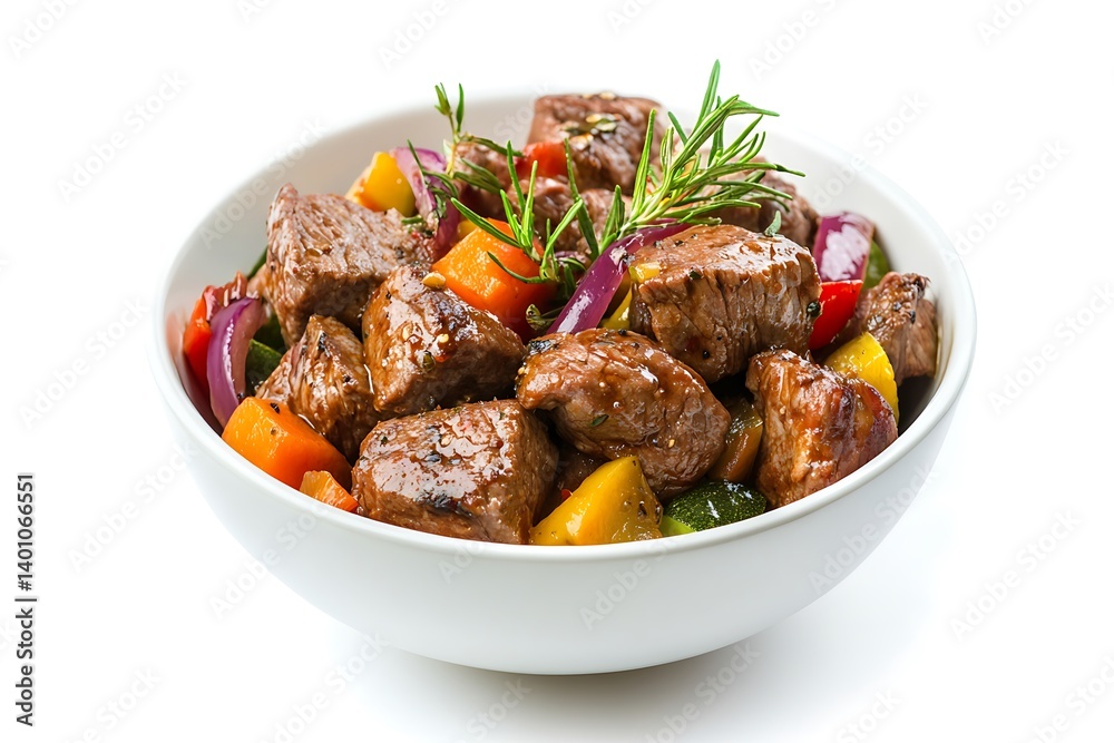 Savory Cubed Beef with Vegetables and Herbs in Bowl on White Background – Hearty & Flavorful Dish Close-Up Savory Cubed Beef with Vegetables and Herbs in Bowl on White Background – Hearty & Flavorful Dish Close-Up