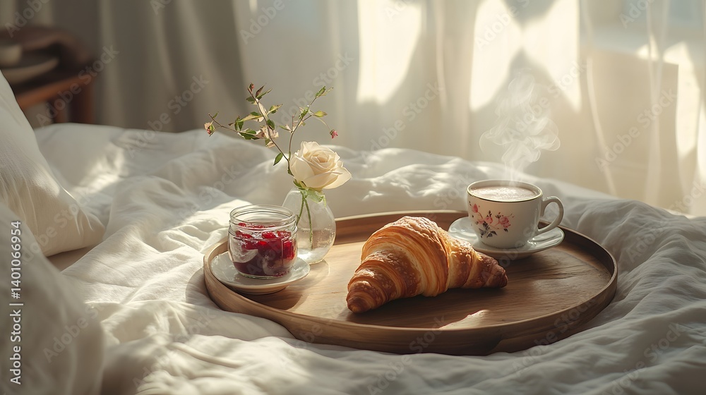 Breakfast in Bed: Cozy Morning with Fresh Croissants and Coffee