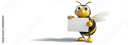 Business Bee Mascot 3D Character Holding a Sign