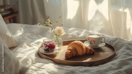 Obraz na płótnie Breakfast in Bed: Cozy Morning with Fresh Croissants and Coffee w salonie