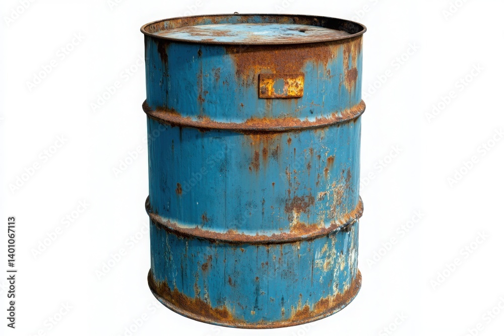 Isolated image of a weathered blue metal barrel with rust on white surface Isolated image of a weathered blue metal barrel with rust on white surface