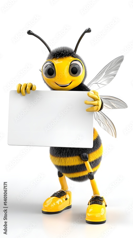 Business Bee Mascot 3D Character Holding a Sign