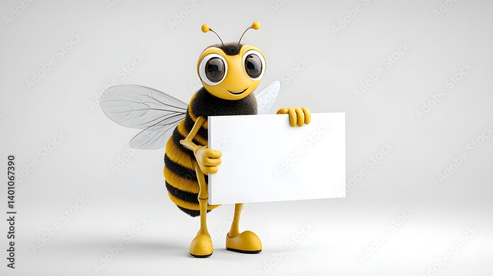 Business Bee Mascot 3D Character Holding a Sign
