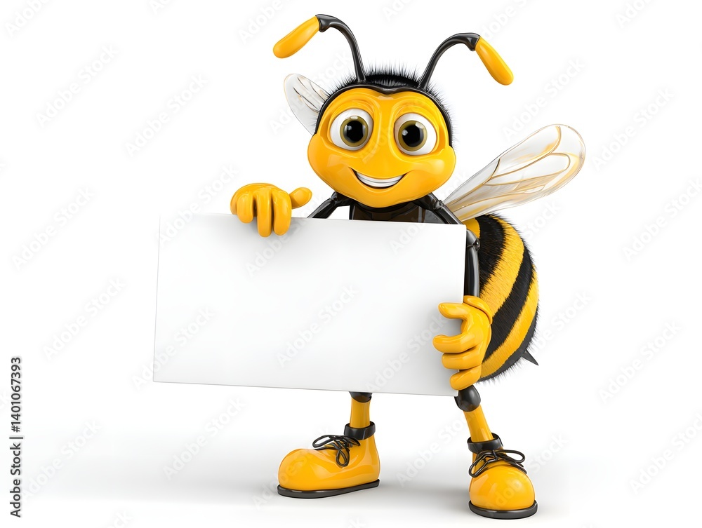 Business Bee Mascot 3D Character Holding a Sign