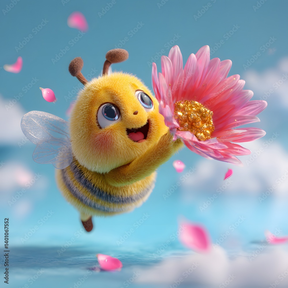 3D Cartoon Bee Flying with a Flower in Its Hands