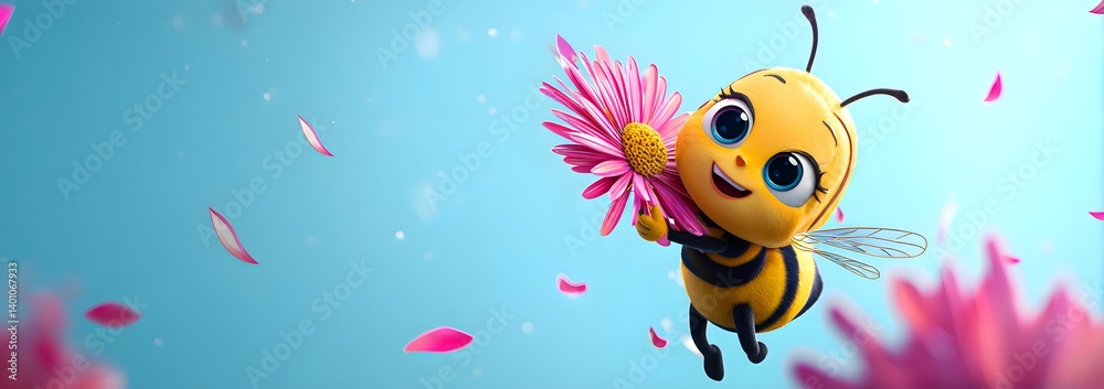 3D Cartoon Bee Flying with a Flower in Its Hands
