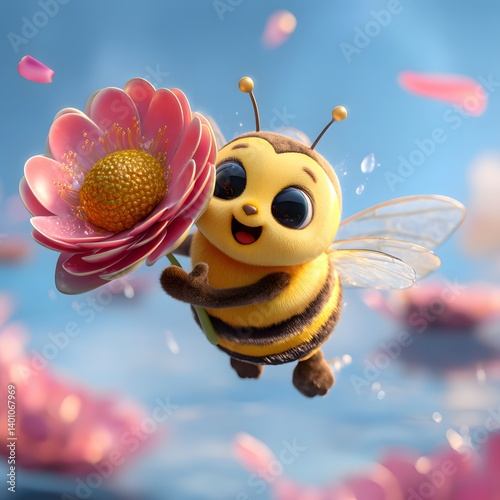 Obraz na płótnie 3D Cartoon Bee Flying with a Flower in Its Hands w salonie