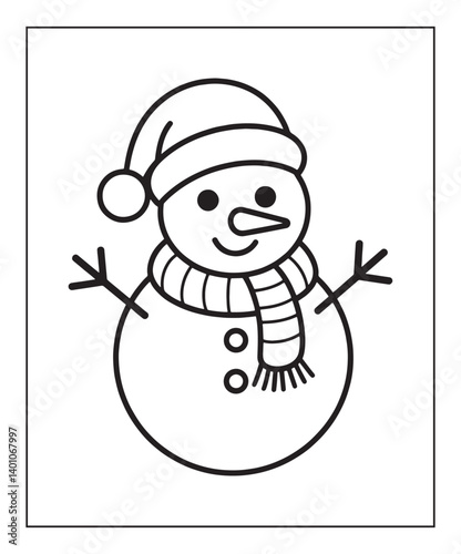 Christmas snowman coloring page for kids, black line art vector illustration on white background