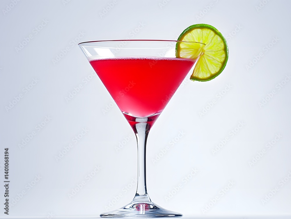 Cosmopolitan Cocktail in a Chilled Glass with Lime Twist on White Background