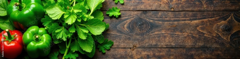 Leafy greens and vegetables on a wooden table , produce, healthy Leafy greens and vegetables on a wooden table , produce, healthy