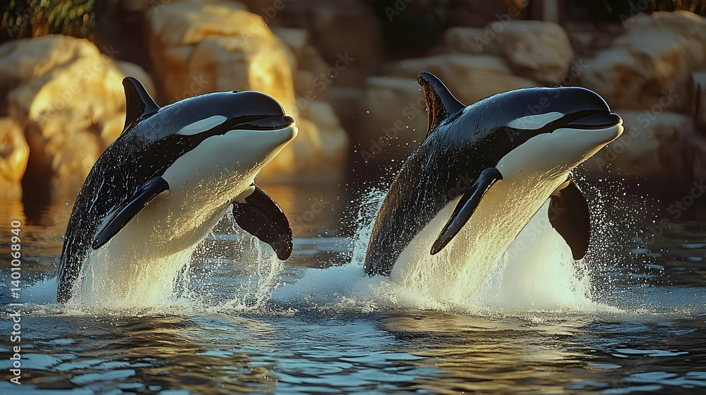 Obraz premium Two Orcas Leaping from Water at Sunset