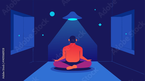 Relaxation A person meditating in a room filled with gentle infrared light conveying tranquility and mental wellbeing.