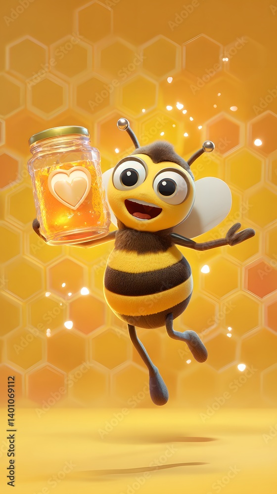 Excited 3D Cartoon Bee Holding a Honey Jar