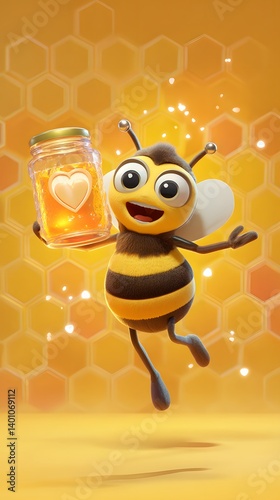 Obraz na płótnie Excited 3D Cartoon Bee Holding a Honey Jar w salonie