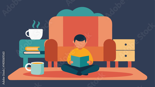 Living Room Scene A cozy living room features a colossal armchair that towers over a tiny person sitting crossedlegged on the floor. The oversized patterned rug sprawls beneath