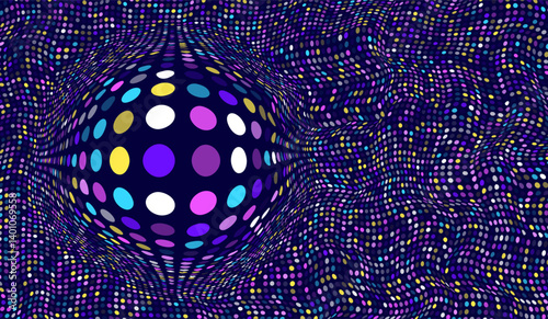 A dark blue background with a distorted, wavy pattern of small colorful dots, featuring a large, embedded sphere with contrasting colorful circles creating an optical illusion.