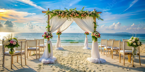 A beach wedding setup with white fabric and floral decorations