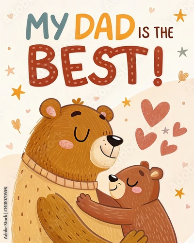 Charming cartoon illustration of a father bear in a sweater warmly hugging his cub with joyful smiles and hearts. A perfect image for Father’s Day cards, prints, and children's gifts.