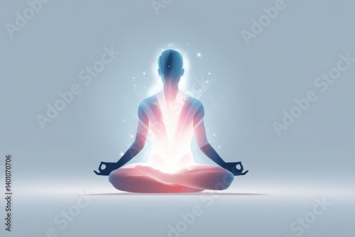 Spiritual elder figure meditating with glowing energy emanating from the heart center, symbolizing inner peace and enlightenment, spiritual growth concept
