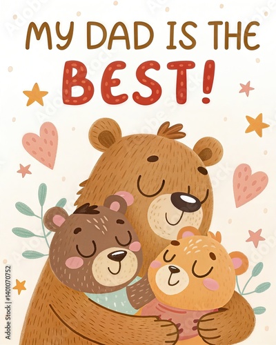 Adorable cartoon illustration of a loving father bear hugging his two cubs with the message 