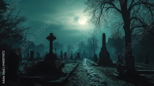 A Mystical Graveyard Scene Displaying Moonlit Fog and Weathered Stones