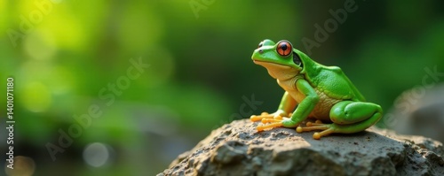 silly green frog sitting on a rock , rock, cartoon