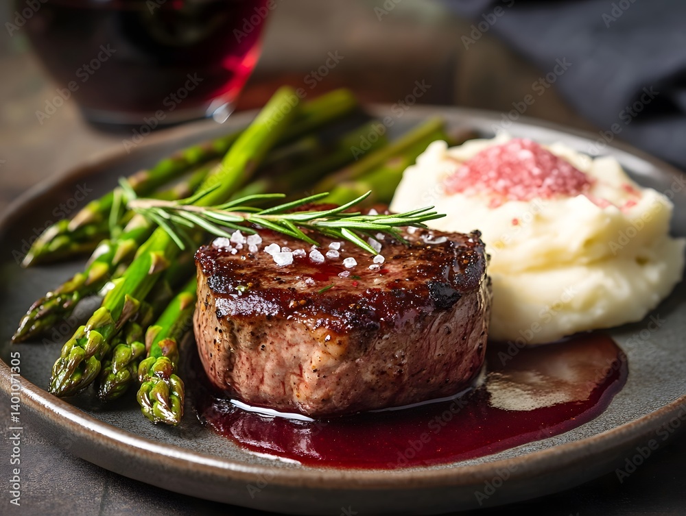 Gourmet Fine Dining: Elegant Medium-Rare Steak with Red Wine Sauce on a Rustic Plate