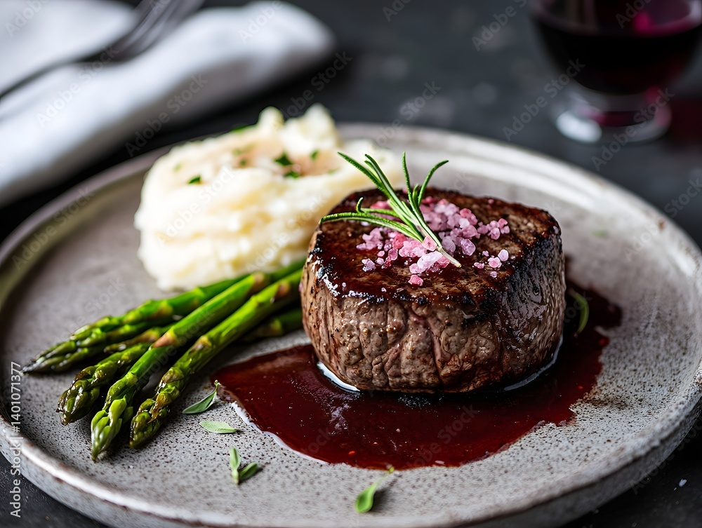 Gourmet Fine Dining: Elegant Medium-Rare Steak with Red Wine Sauce on a Rustic Plate