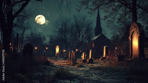 A spooky graveyard scene under a bright full moon at night
