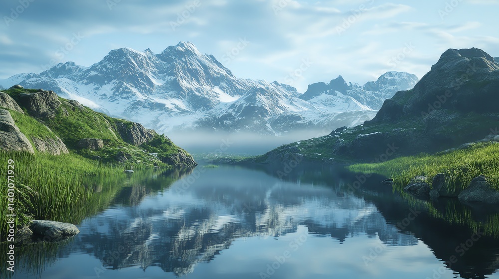 Fototapeta premium Scenic Mountain Lake with Snow Capped Peaks and Green Hills Reflection
