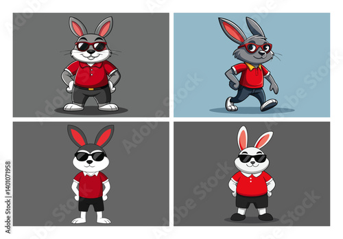 Stylish Cartoon Rabbits in Red Polo Shirts with Sunglasses Playful and Cool Character Design