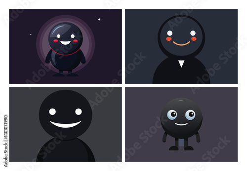 Minimalist Playful Cartoon Characters with Black Spherical Bodies Smiling and Expressing Fun
