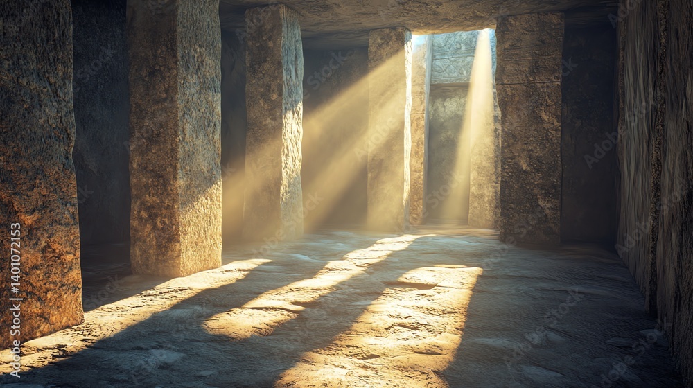 Obraz premium Sunlight Streaming Through Ancient Stone Structure Creating Dramatic Light Patterns