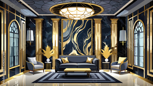 Luxurious and elegant interior design featuring black and gold accents. space showcases modern aesthetic with plush seating and stunning marble wall