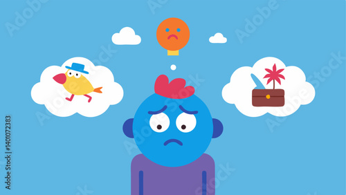Cartoon Vacations A stressed character dreaming of a vacation filled with cartoons and funny characters showing how humor can escape stress.