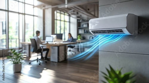 Modern office space with wall-mounted air conditioning unit.  Airflow visible