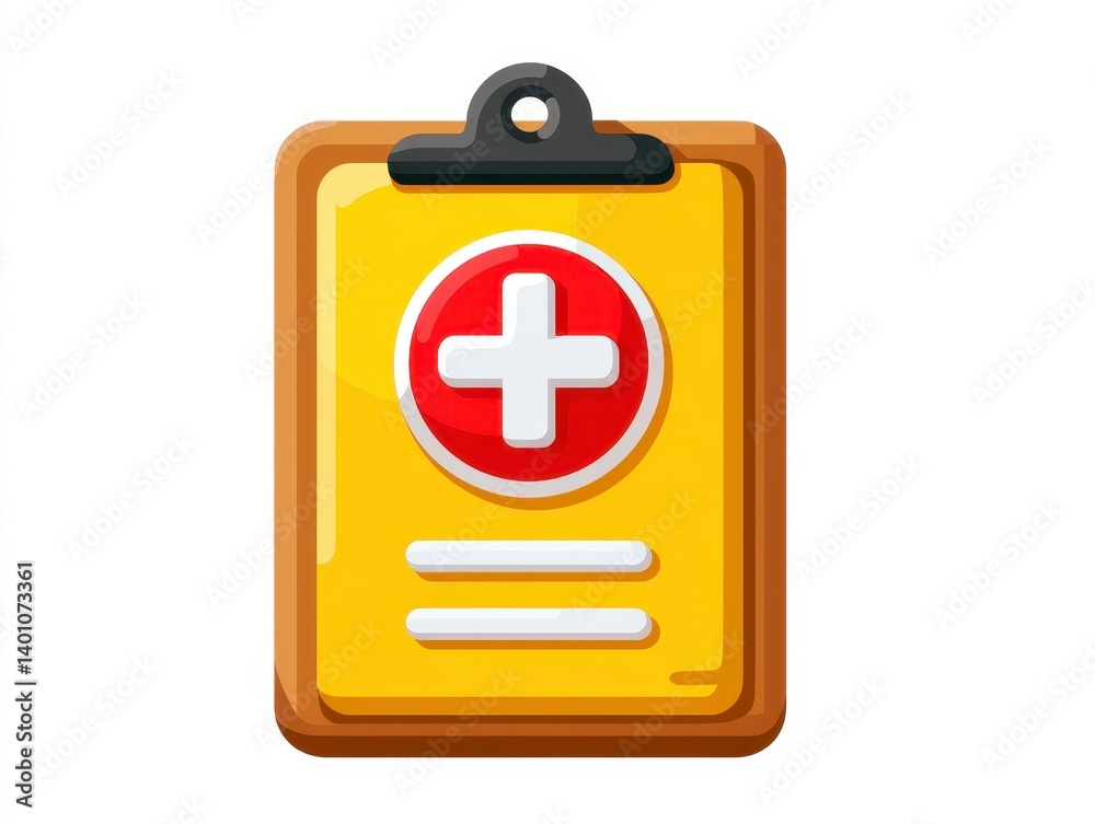 Obraz premium Yellow Clipboard Icon with Red Medical Cross on White Background