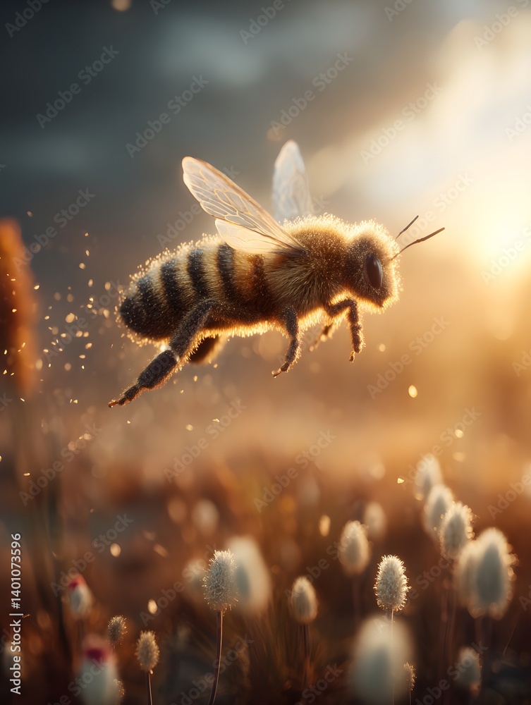Heroic 3D Bee in Mid-Flight Over Sunset Field