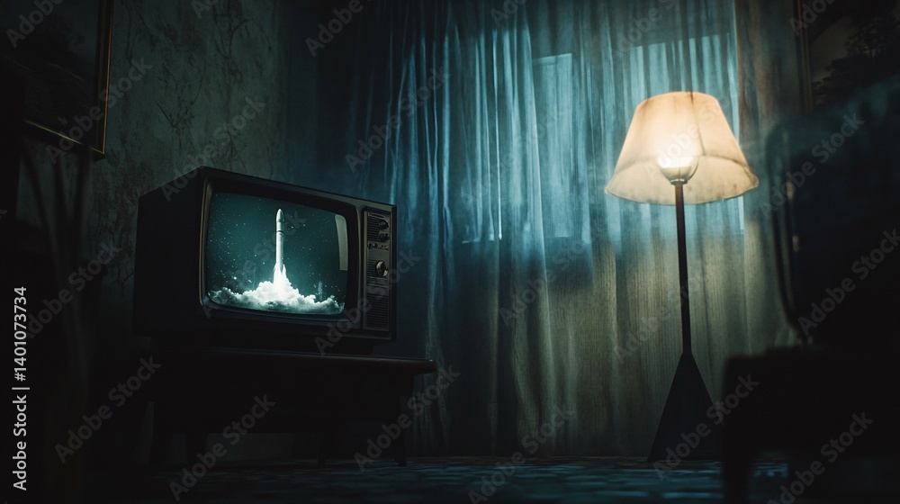 Obraz premium Old television displays rocket launch in a dimly lit room with lamp.