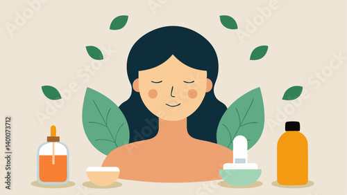 Essential Oils Infusion A woman with closed eyes enjoying a facial treatment surrounded by small bottles of essential oils and plants representing holistic rejuvenation.